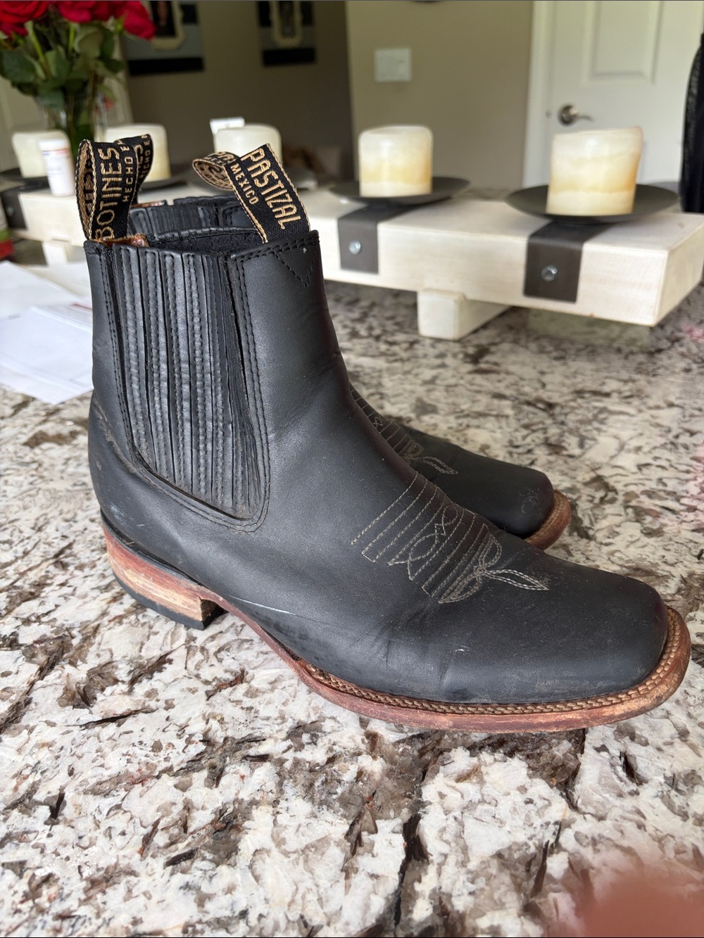 Men’s Black Leather Square Toe Cowboy Boots